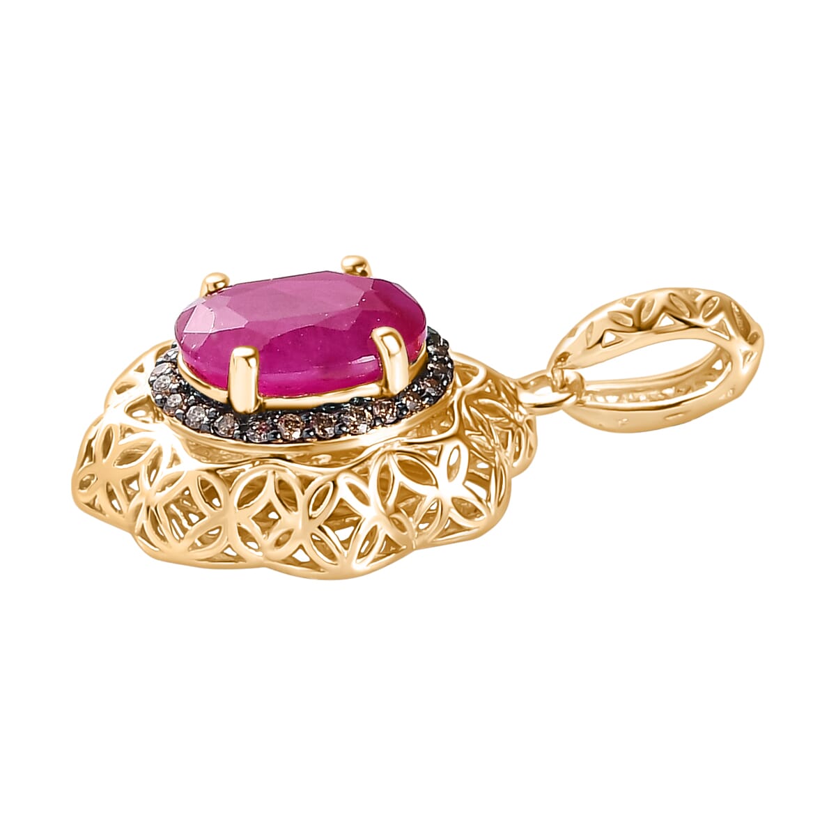 Mirage Collection 10K Yellow Gold Premium Montepuez Ruby and I2 Natural Champagne Diamond Pendant without Chain 1.75 ctw image number 3