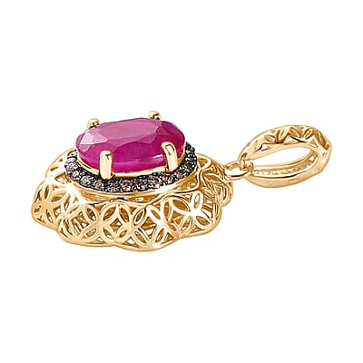 Mirage Collection 10K Yellow Gold Premium Montepuez Ruby and I2 Natural Champagne Diamond Pendant without Chain 1.75 ctw