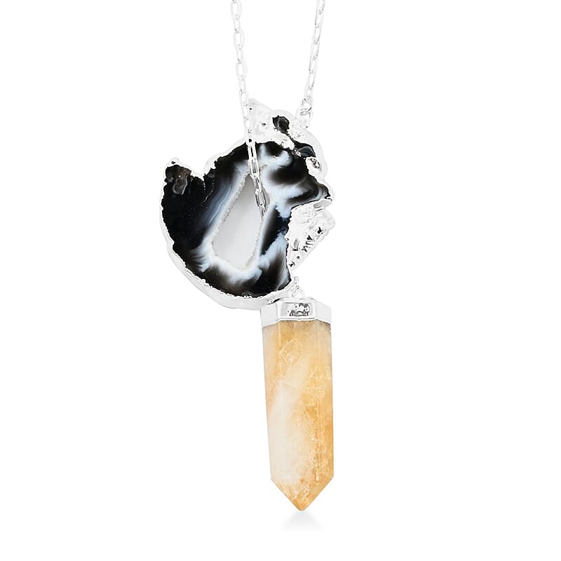Made in Brazil Agate Occo and Terminated Dark Citrine Pendant Necklace in Silvertone, 30 Inch Necklace, Gift For Her 50.30 ctw