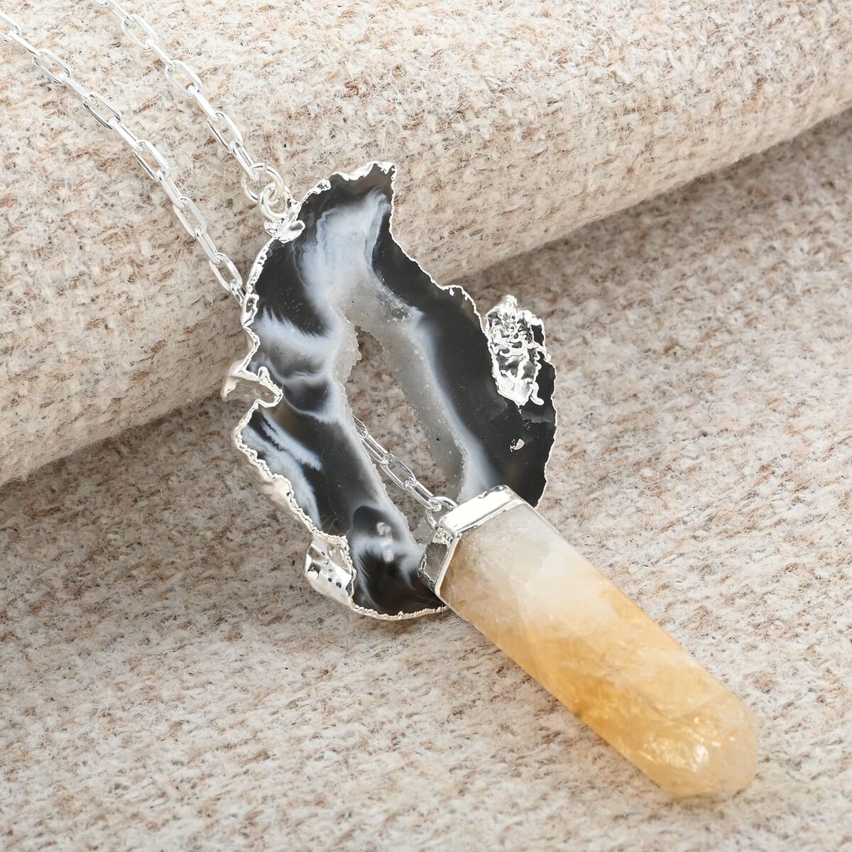 Made in Brazil Agate Occo and Terminated Dark Citrine Pendant Necklace in Silvertone, 30 Inch Necklace, Gift For Her 50.30 ctw image number 1