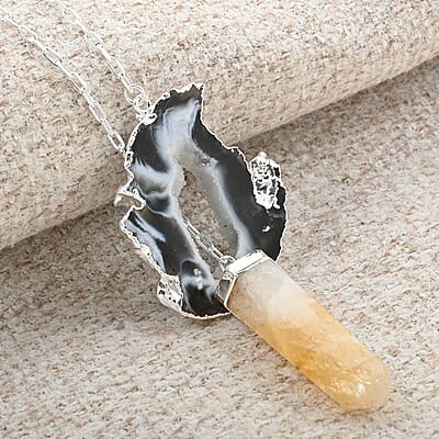 Made in Brazil Agate Occo and Terminated Dark Citrine Pendant Necklace in Silvertone, 30 Inch Necklace, Gift For Her 50.30 ctw