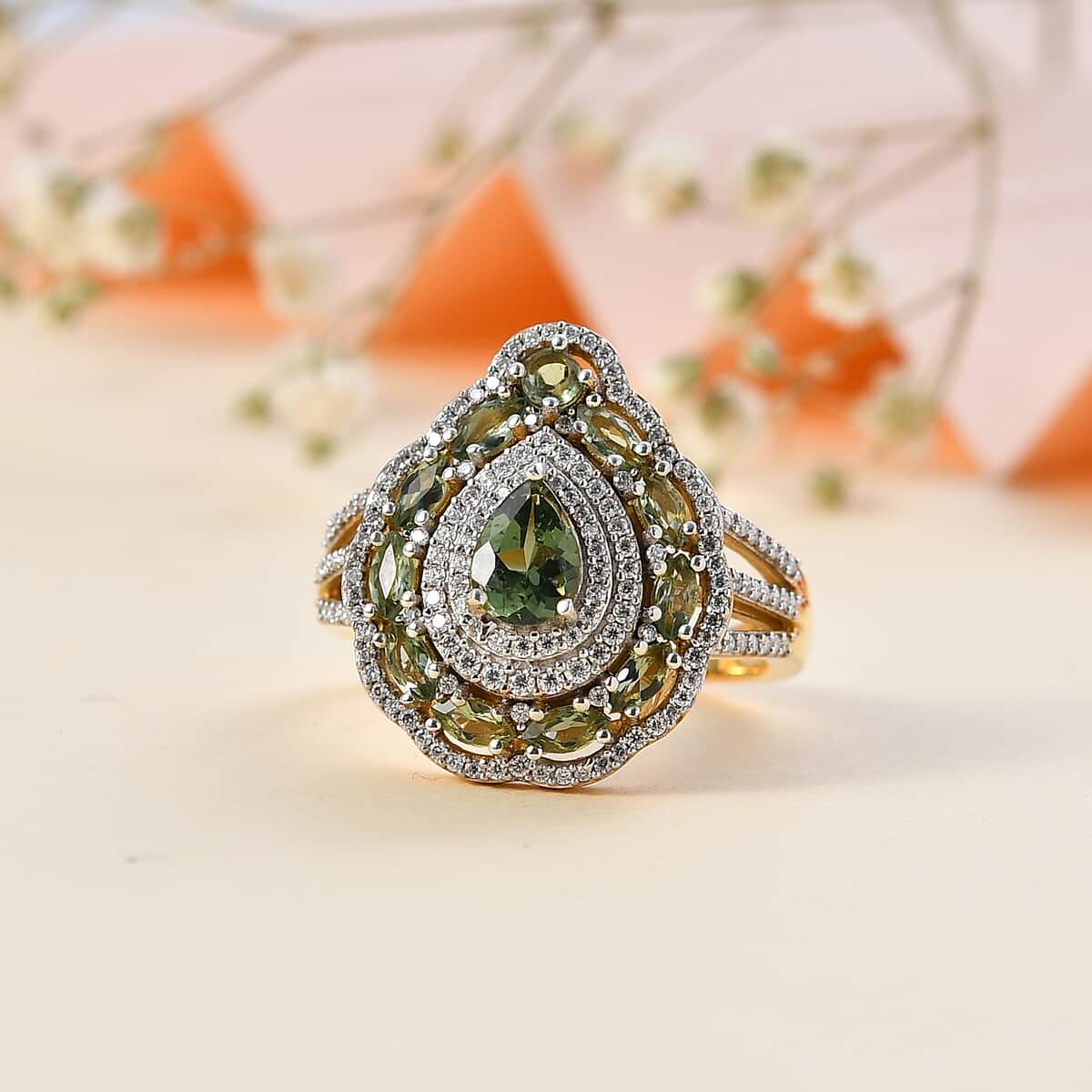 Premium Natural Green Apatite, Moissanite Ring in 18K Vermeil YG Over Sterling Silver (Size 5.0) 2.70 ctw image number 1