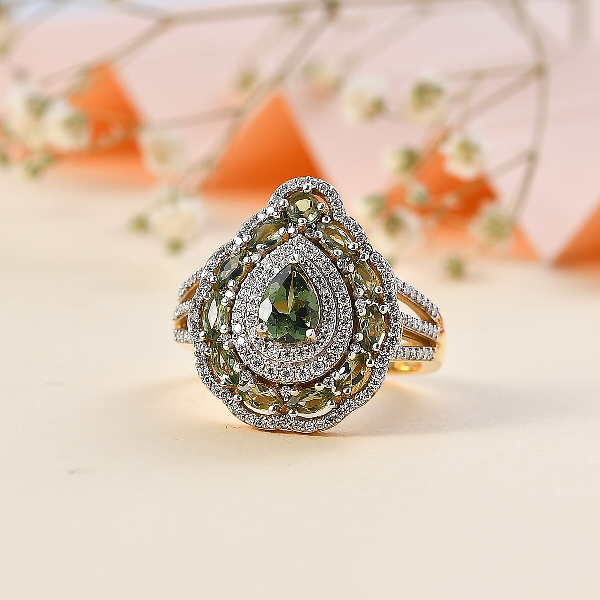 Andranomaro Green Apatite and Moissanite Palm Tree Ring in 18K Vermeil Yellow Gold Over Sterling Silver (Size 10.0) 2.70 ctw image number 1