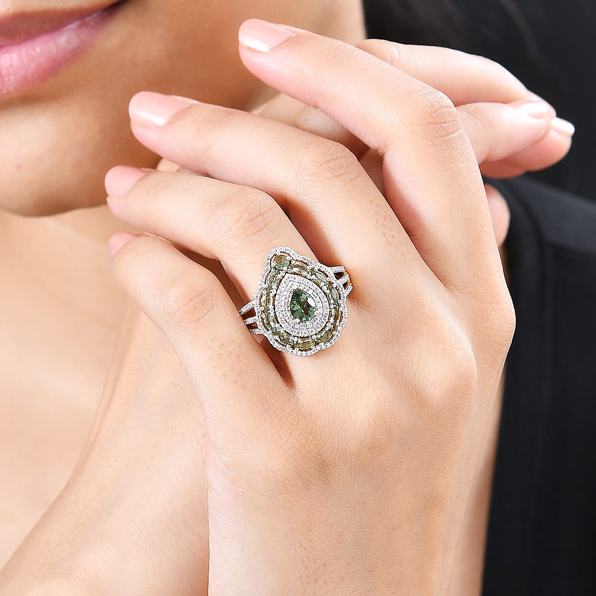 Andranomaro Green Apatite and Moissanite Palm Tree Ring in 18K Vermeil Yellow Gold Over Sterling Silver (Size 10.0) 2.70 ctw image number 2