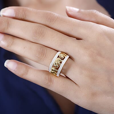 Karis White Diamond Accent Elephant Ring in Platinum Bond & 18K Yellow Gold Plated (Size 5.0)