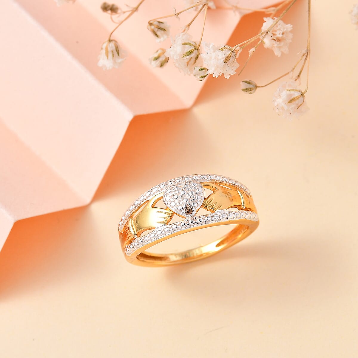 Karis White Diamond Accent Claddagh Ring in Platinum Bond & 18K Yellow Gold Plated (Size 6.0) image number 1