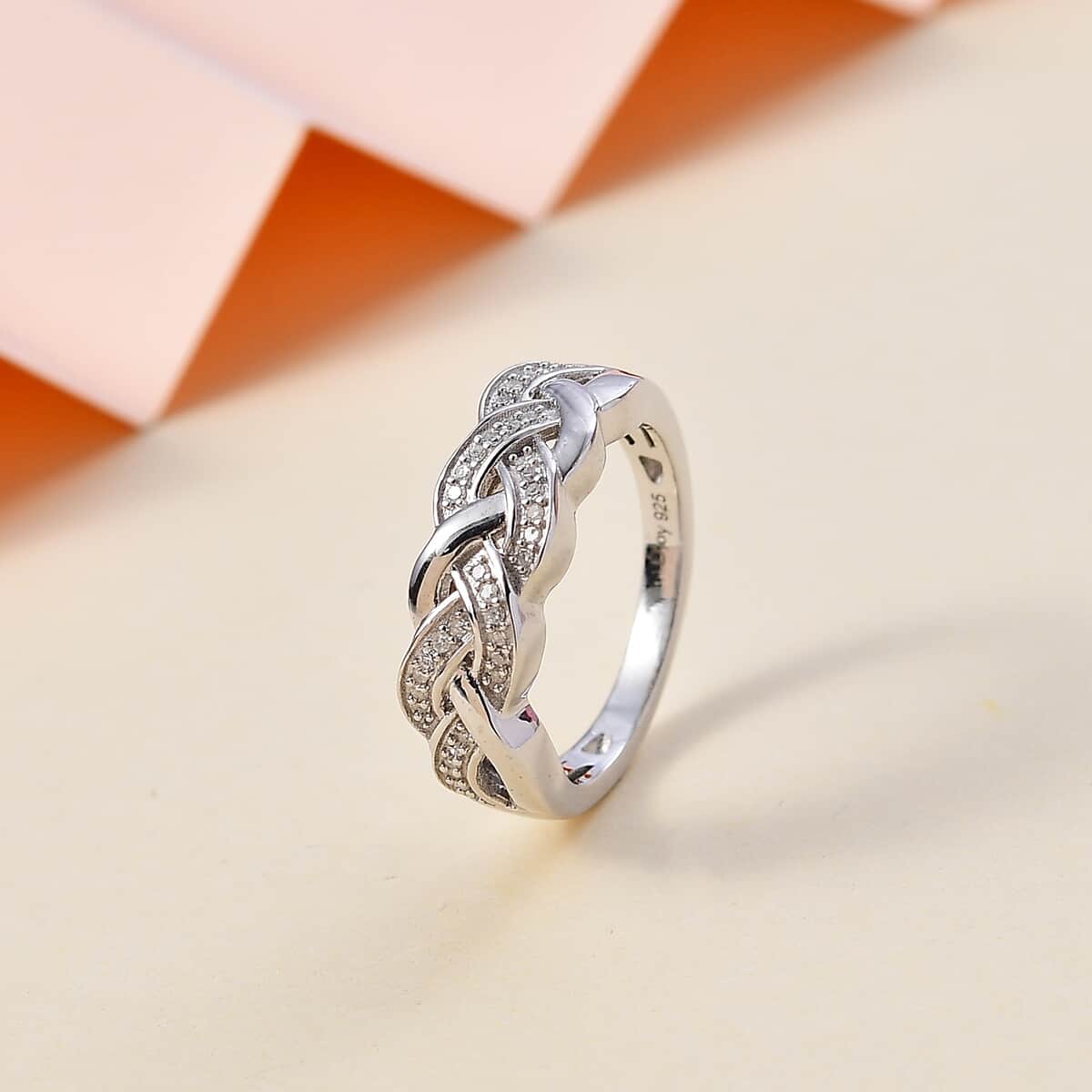 Diamond Braided Ring in Rhodium Over Sterling Silver (Size 6.0) 0.13 ctw image number 1