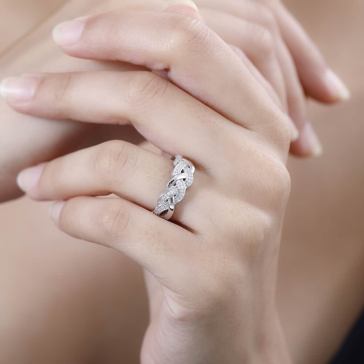 Diamond Braided Ring in Rhodium Over Sterling Silver (Size 6.0) 0.13 ctw image number 2