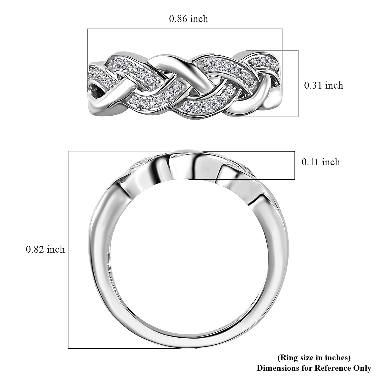 Diamond 0.15 ctw Braided Ring in Rhodium Over Sterling Silver (Size 6.0)