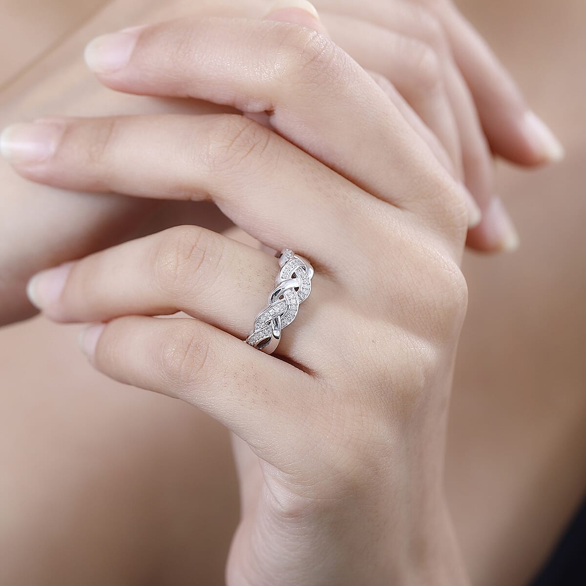 Diamond 0.15 ctw Braided Ring in Rhodium Over Sterling Silver (Size 7.0) image number 2
