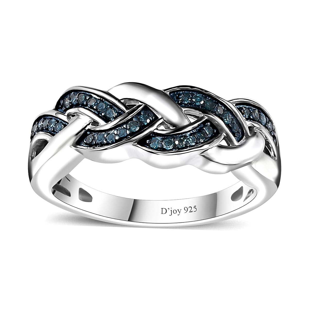 Blue Diamond (IR) Braided Ring in Rhodium Over Sterling Silver (Size 6.0) 0.15 ctw image number 0
