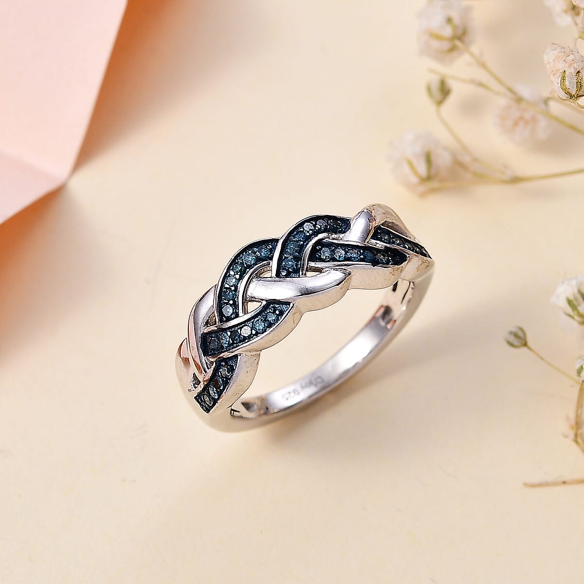 Blue Diamond (IR) Braided Ring in Rhodium Over Sterling Silver (Size 8.0) 0.15 ctw image number 1