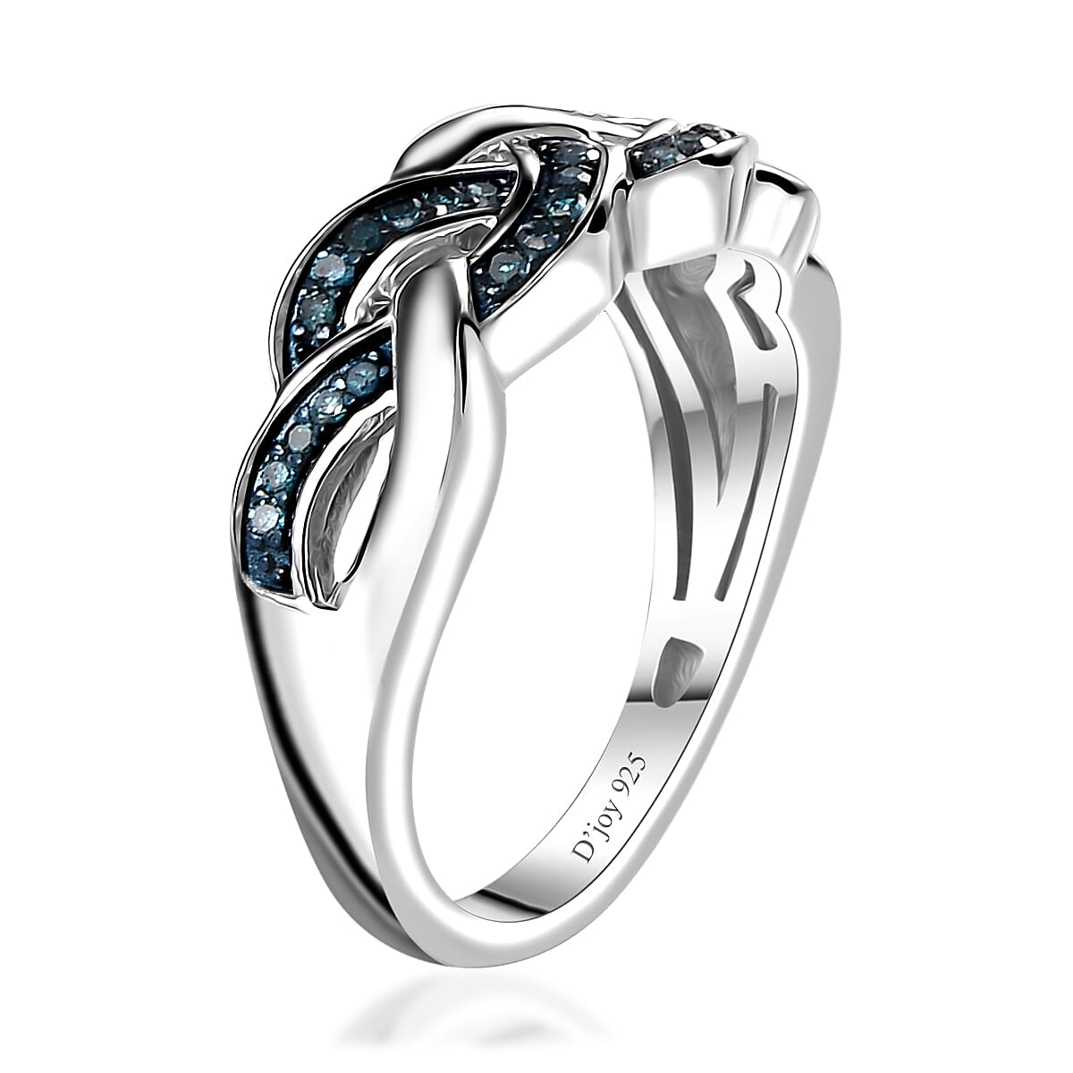 Blue Diamond (IR) Braided Ring in Rhodium Over Sterling Silver (Size 8.0) 0.15 ctw image number 3