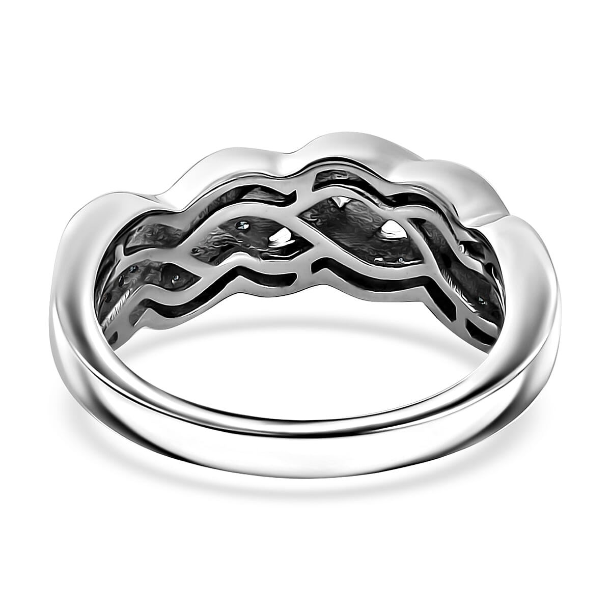Blue Diamond (IR) Braided Ring in Rhodium Over Sterling Silver (Size 8.0) 0.15 ctw image number 4