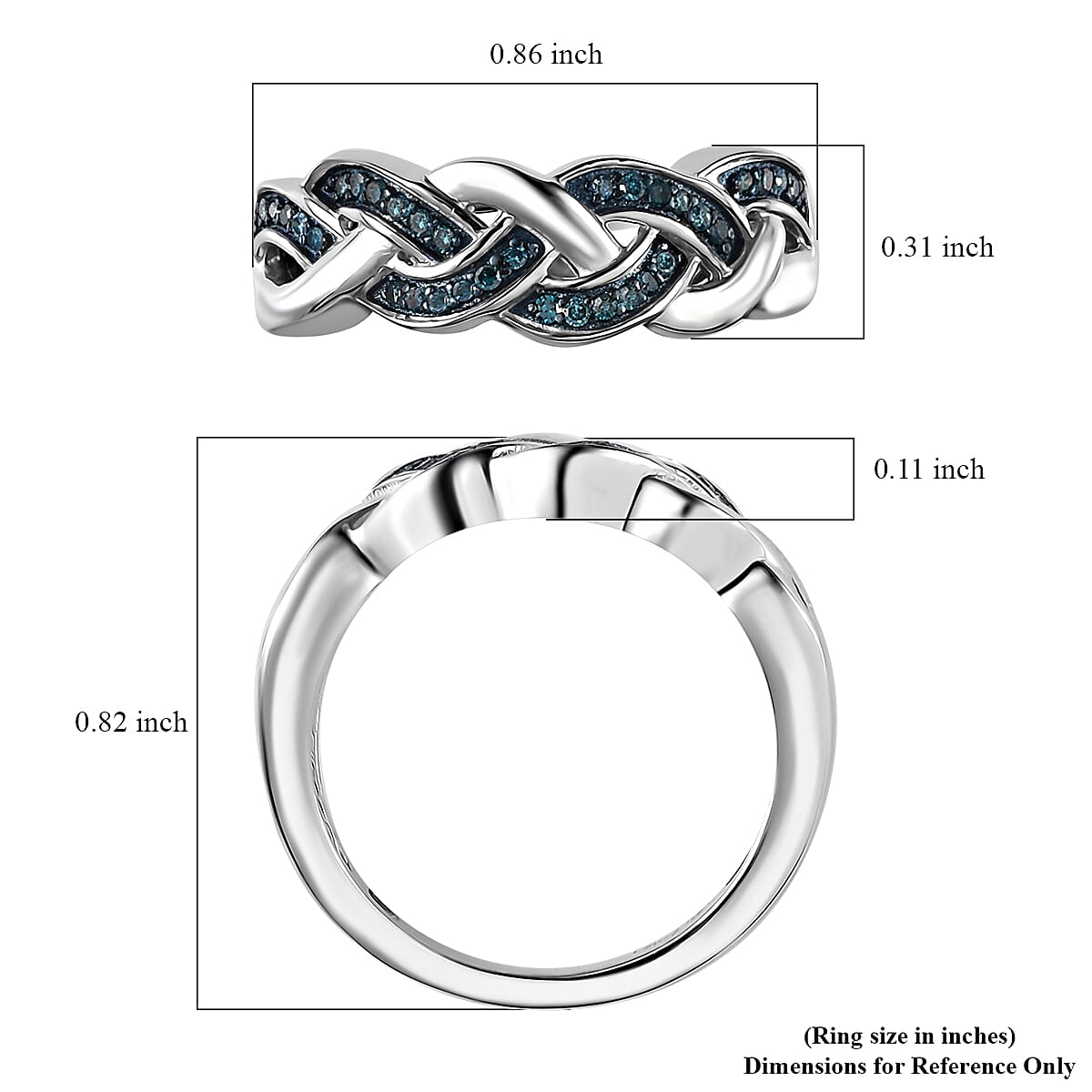 Blue Diamond (IR) Braided Ring in Rhodium Over Sterling Silver (Size 8.0) 0.15 ctw image number 5