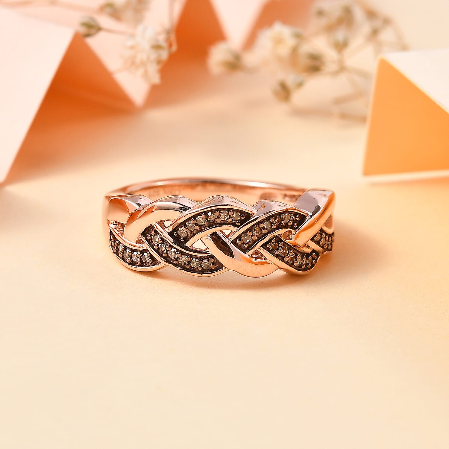 Natural Champagne Diamond 0.15 ctw Braided Ring in 18K Vermeil Rose Gold Over Sterling Silver (Size 10.0)