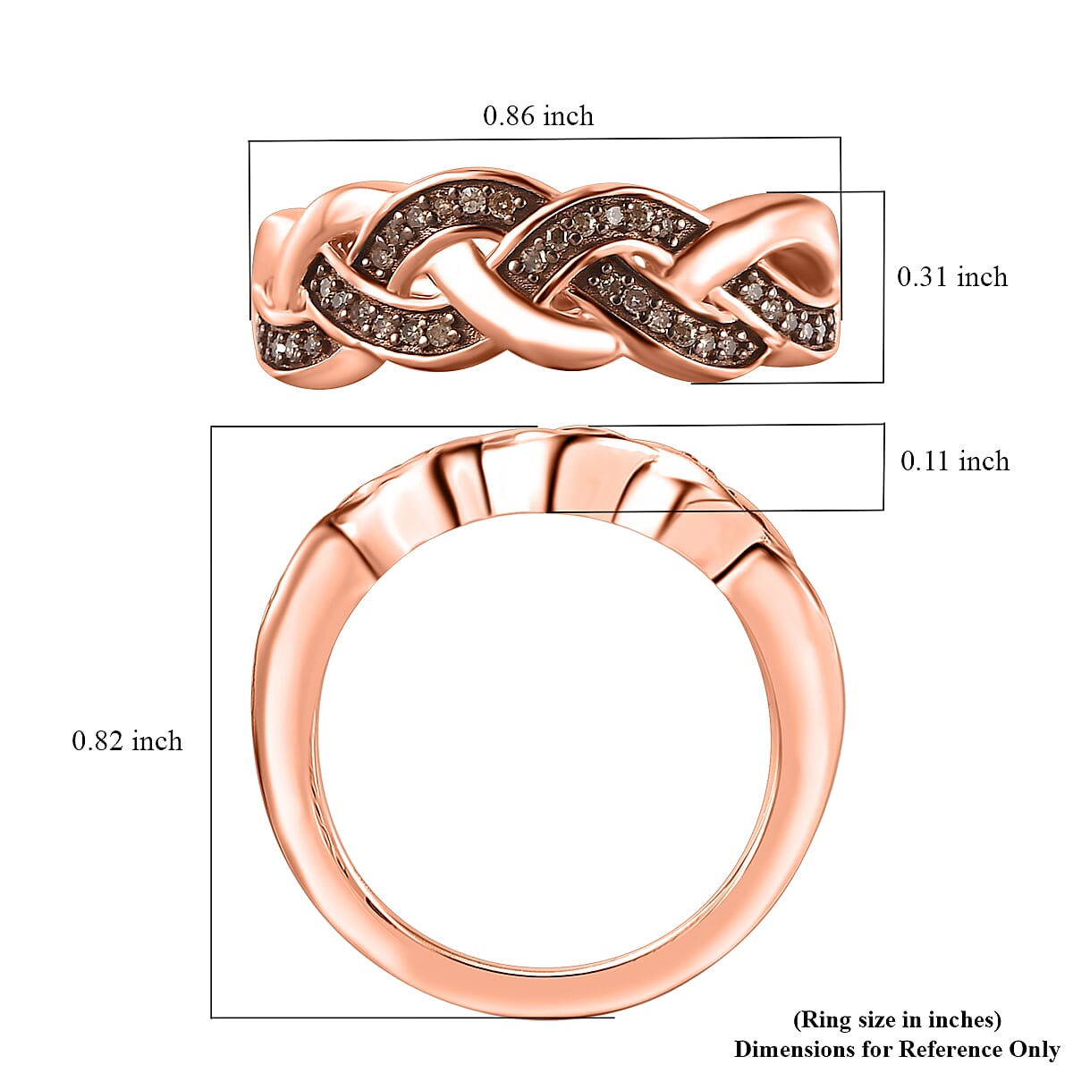 Natural Champagne Diamond 0.15 ctw Braided Ring in 18K Vermeil Rose Gold Over Sterling Silver (Size 10.0)