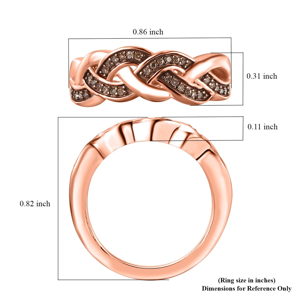 Natural Champagne Diamond 0.15 ctw Braided Ring in 18K Vermeil Rose Gold Over Sterling Silver (Size 8.0) image number 5