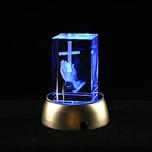 3D Christian Cross Engraved Crystal Figurine (3.9) with Radiating Light (AAA Battery not Included)