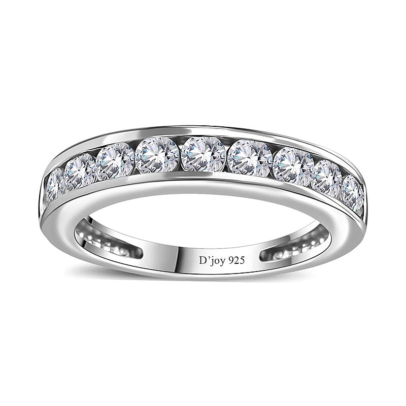 Moissanite Half Eternity Band Ring in Rhodium Over Sterling Silver (Size 5.0) 0.90 ctw