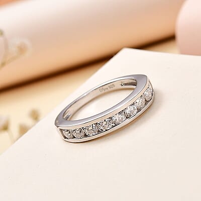 Moissanite Half Eternity Band Ring in Rhodium Over Sterling Silver (Size 5.0) 0.90 ctw