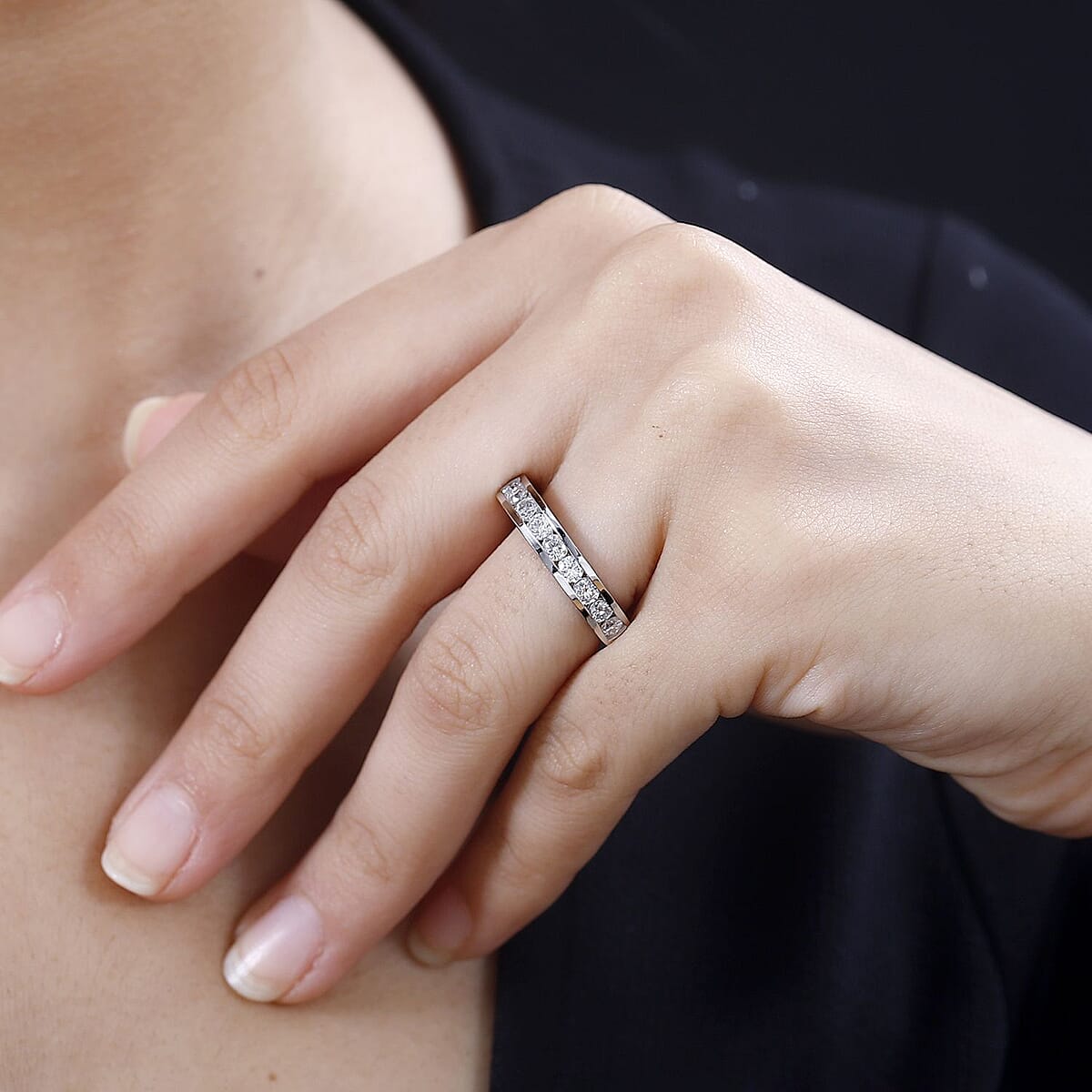 Moissanite Half Eternity Band Ring in Rhodium Over Sterling Silver (Size 6.0) 0.90 ctw image number 2