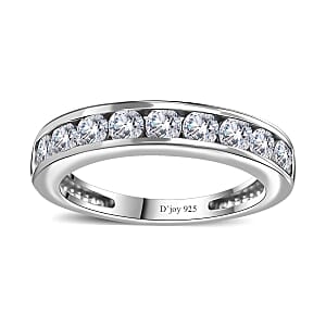 Moissanite Half Eternity Band Ring in Rhodium Over Sterling Silver (Size 7.0) 0.90 ctw