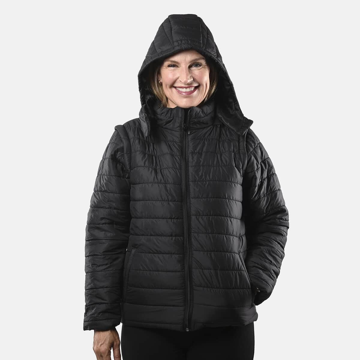 Black Padded Puffer Jacket with Detachable Hood and Long Sleeves - S image number 4