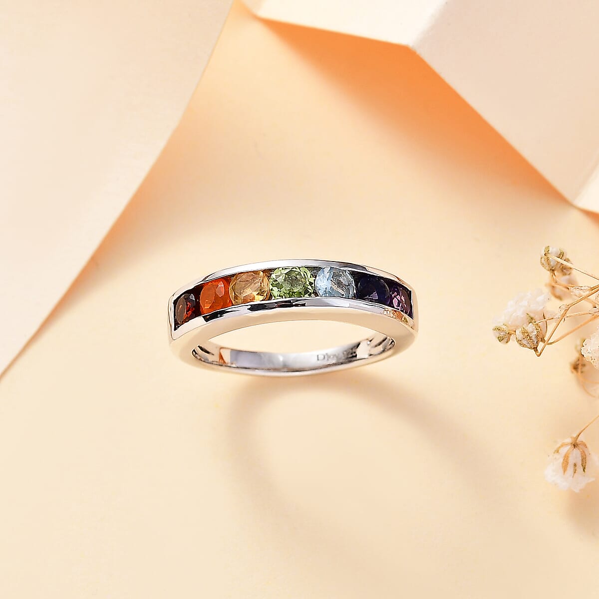 Multi Gemstone 1.00 ctw Seven Chakra Band Ring in Rhodium Over Sterling Silver (Size 5.0)  image number 1