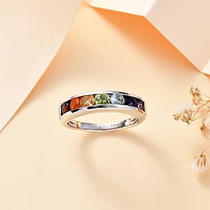 Multi Gemstone 1.00 ctw Seven Chakra Band Ring in Rhodium Over Sterling Silver (Size 5.0) 