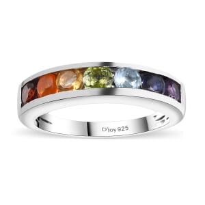 Multi Gemstone 1.00 ctw Seven Chakra Band Ring in Rhodium Over Sterling Silver (Size 8.0) 
