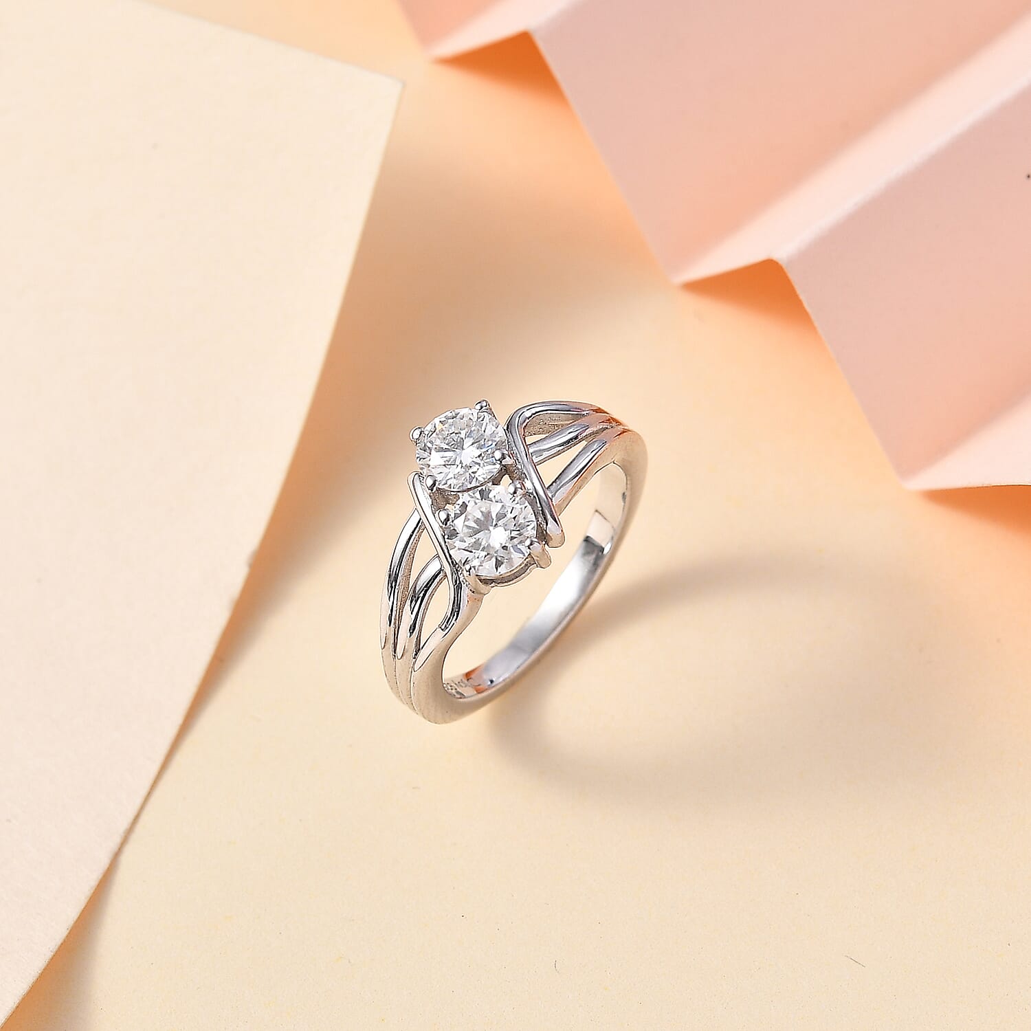 Moissanite Split Shank Ring in Rhodium Over Sterling Silver (Size 10.0) 0.85 ctw