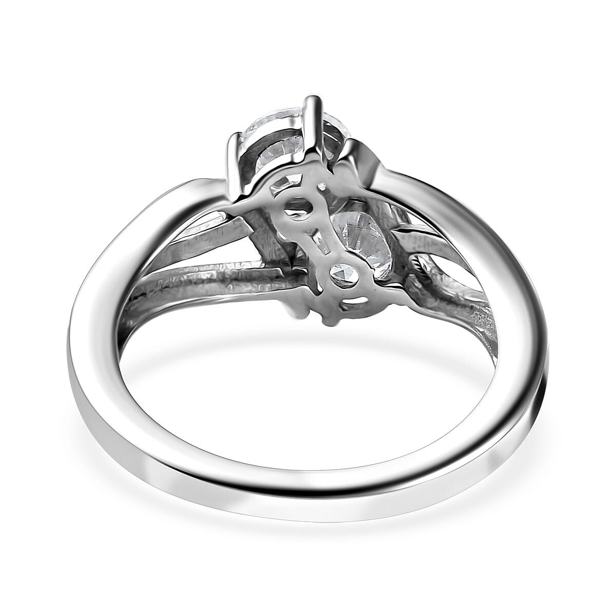 Moissanite (Rnd 5mm) Split Shank Ring in Rhodium Over Sterling Silver (Size 10.0) 0.85 ctw image number 4