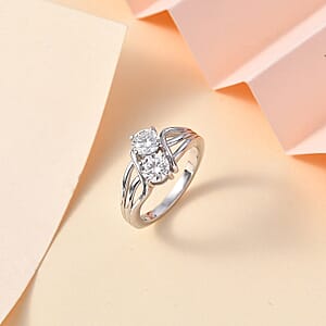 Moissanite Split Shank Ring in Rhodium Over Sterling Silver (Size 8.0) 0.85 ctw