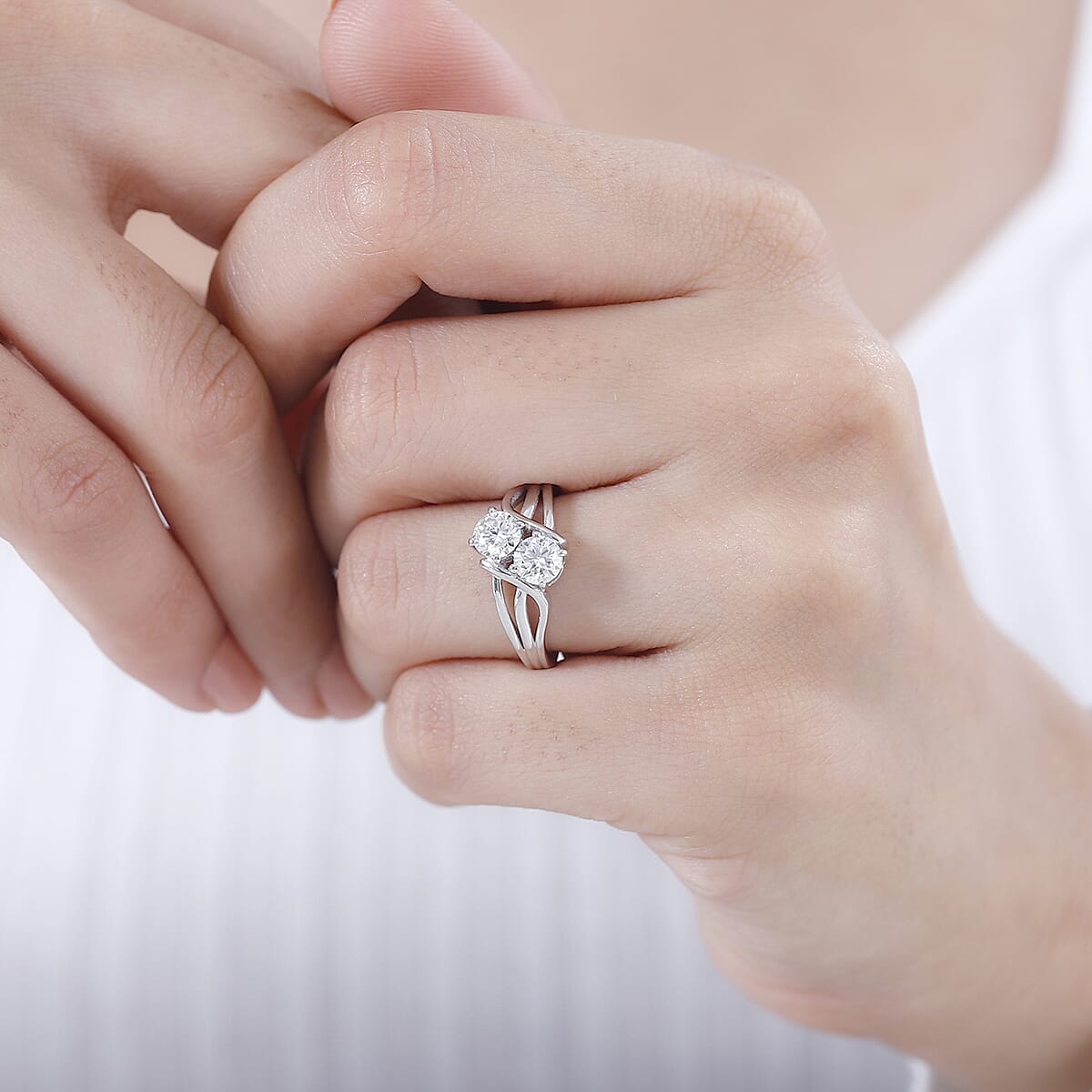 Moissanite Split Shank Ring in Rhodium Over Sterling Silver (Size 8.0) 0.85 ctw image number 2