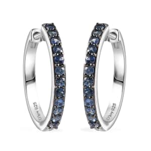 Ceylon Blue Sapphire 1.10 ctw Hoop Earrings in Rhodium Over Sterling Silver