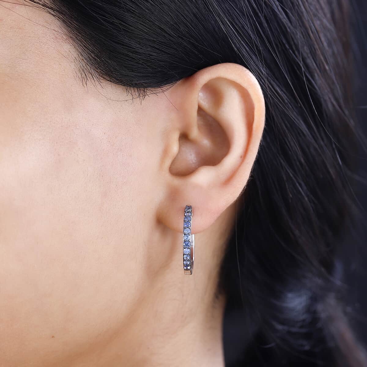 Ceylon Blue Sapphire 1.10 ctw Hoop Earrings in Rhodium Over Sterling Silver image number 2