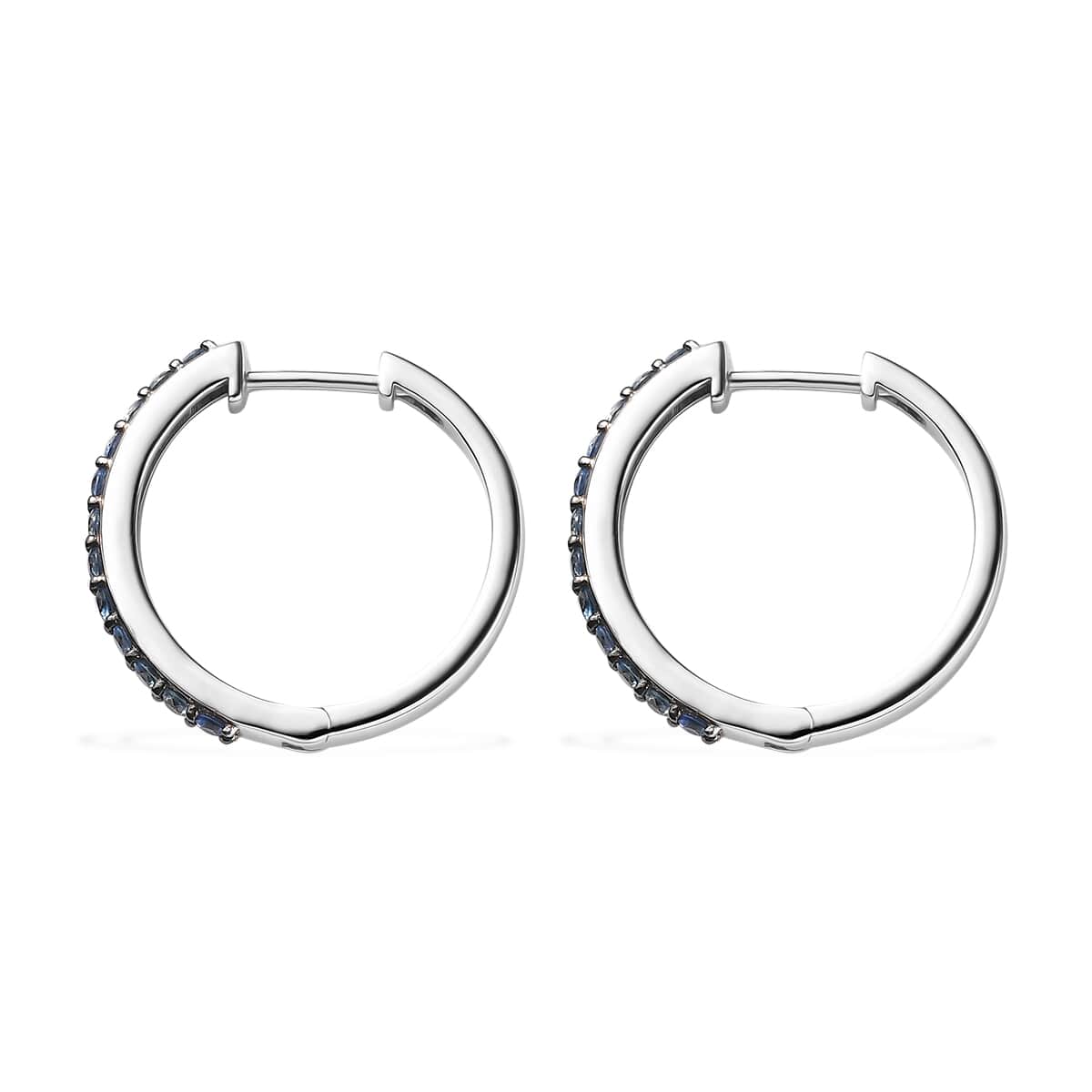 Ceylon Blue Sapphire 1.10 ctw Hoop Earrings in Rhodium Over Sterling Silver image number 3