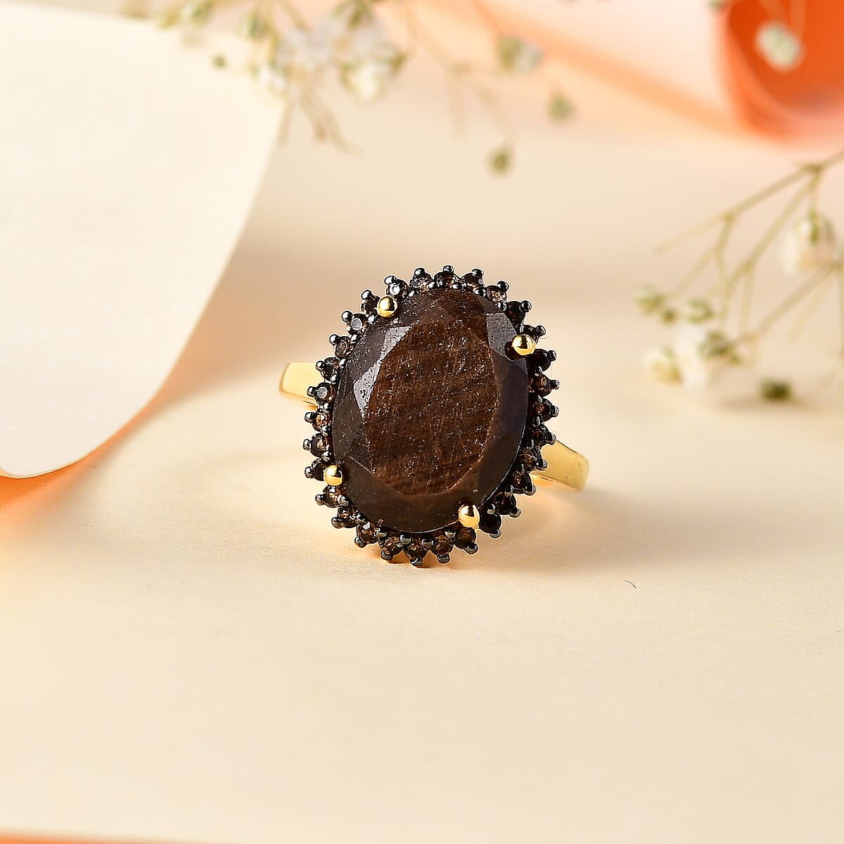 Zawadi Chocolate Sapphire and Brazilian Smoky Quartz Sunburst Ring in 18K Vermeil Yellow Gold Over Sterling Silver (Size 11.0) 13.30 ctw image number 1