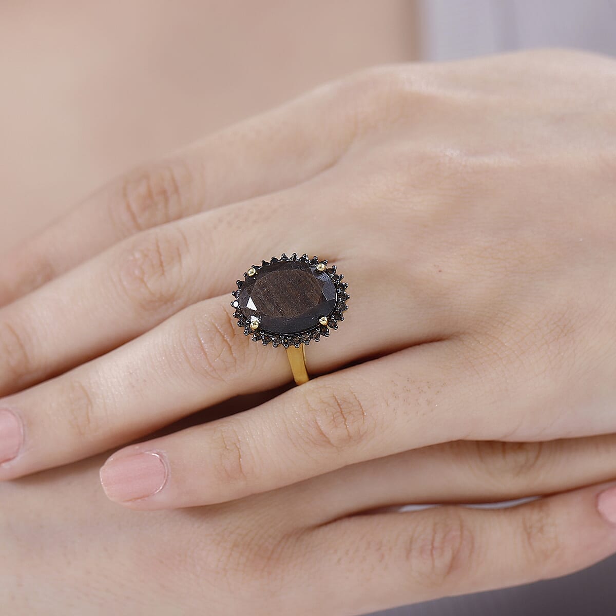 Zawadi Chocolate Sapphire and Brazilian Smoky Quartz Sunburst Ring in 18K Vermeil Yellow Gold Over Sterling Silver (Size 11.0) 13.30 ctw image number 2