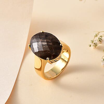 Checkerboard Cut Zawadi Chocolate Sapphire Solitaire Ring in 18K Vermeil Yellow Gold Over Sterling Silver (Size 10.0) 22.25 ctw