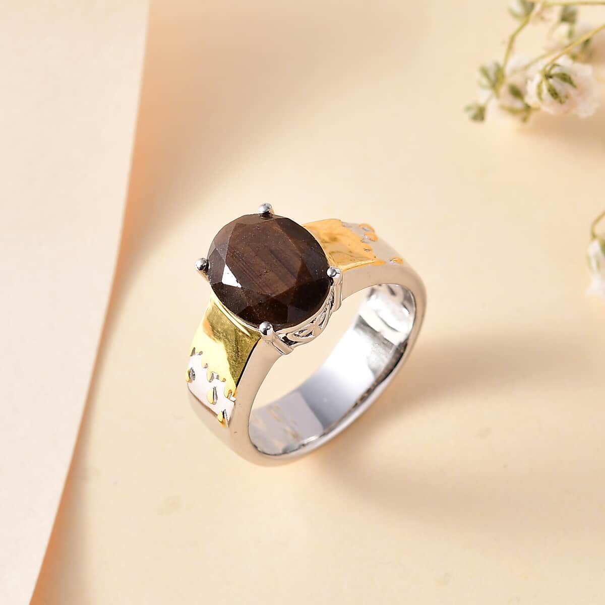 Zawadi Chocolate Sapphire Solitaire Molten Moments Ring in 18K Vermeil YG and Rhodium Over Sterling Silver (Size 10.0) 5.00 ctw image number 1