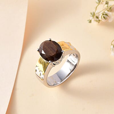 Zawadi Chocolate Sapphire Solitaire Molten Moments Ring in 18K Vermeil YG and Rhodium Over Sterling Silver (Size 10.0) 5.00 ctw