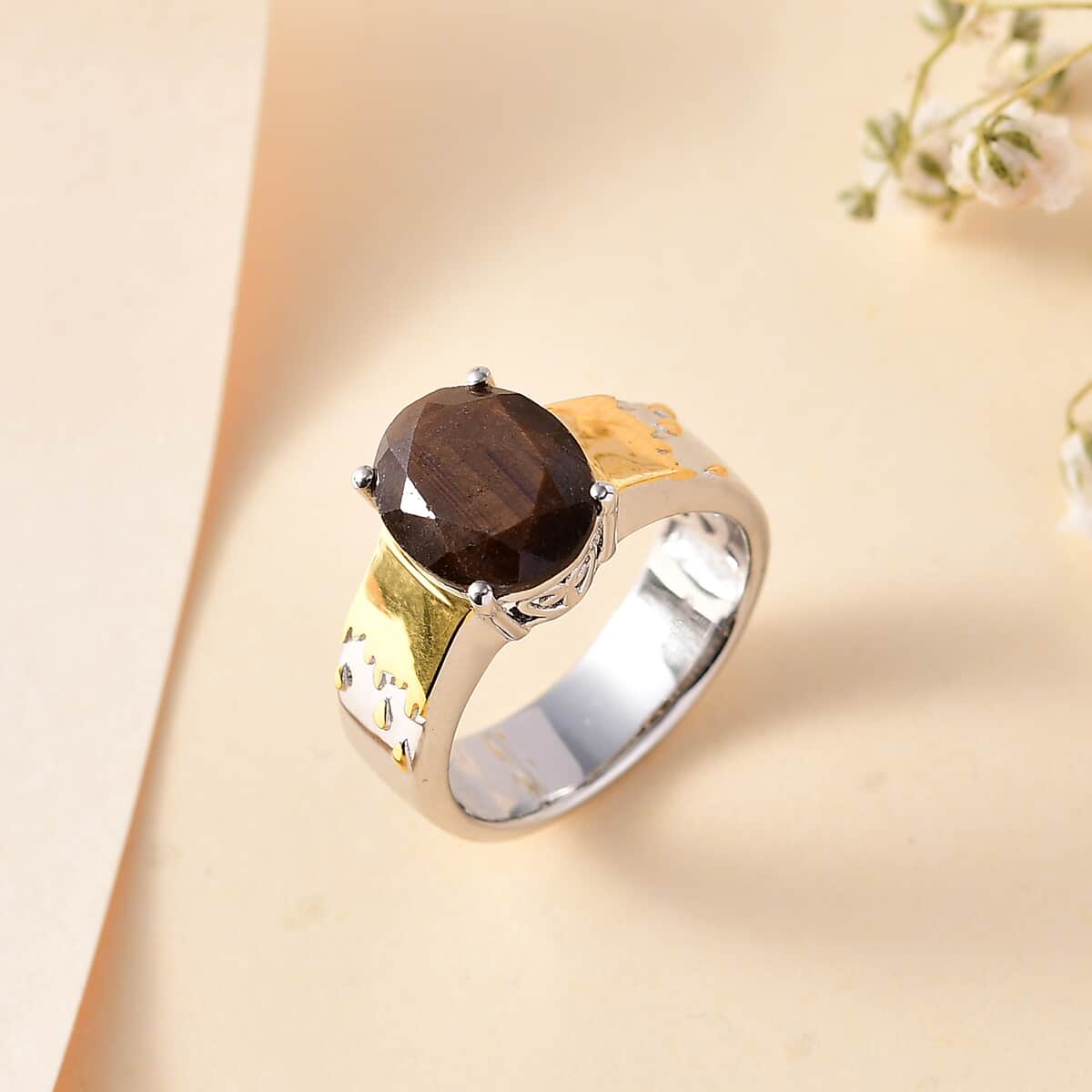 Zawadi Chocolate Sapphire Solitaire Molten Moments Ring in 18K Vermeil YG and Rhodium Over Sterling Silver (Size 7.0) 5.00 ctw image number 1