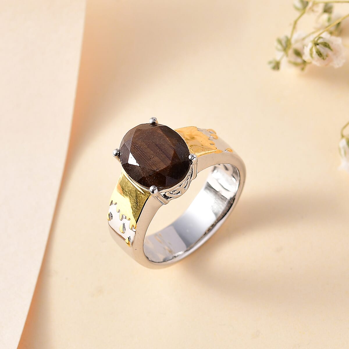 Zawadi Chocolate Sapphire Solitaire Molten Moments Ring in 18K Vermeil YG and Rhodium Over Sterling Silver (Size 8.0) 5.00 ctw image number 1