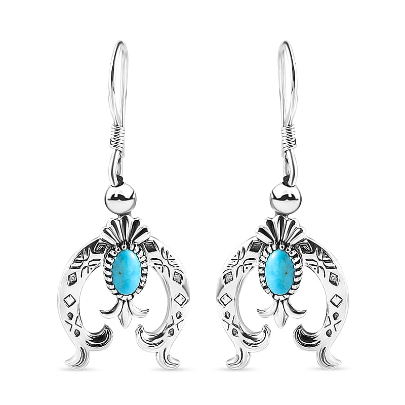 Artisan Crafted Sleeping Beauty Turquoise Squash Blossom Earrings in Black Oxidized Sterling Silver 1.00 ctw