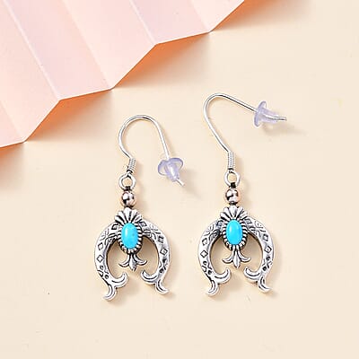 Artisan Crafted Sleeping Beauty Turquoise Squash Blossom Earrings in Black Oxidized Sterling Silver 1.00 ctw
