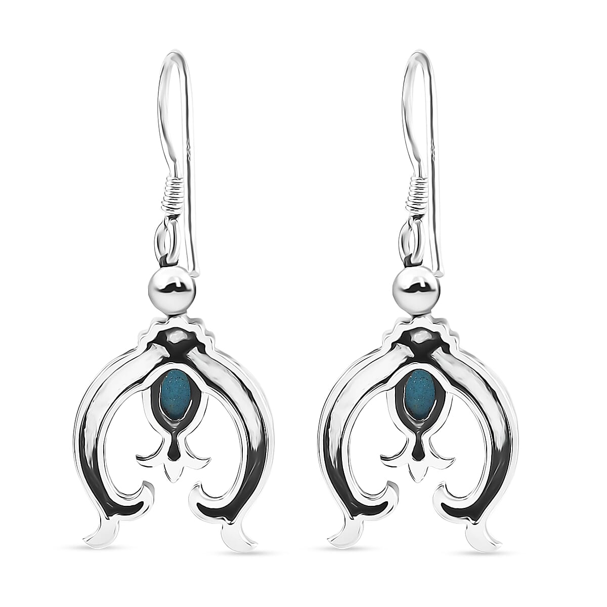 Artisan Crafted Sleeping Beauty Turquoise Squash Blossom Earrings in Black Oxidized Sterling Silver 1.00 ctw