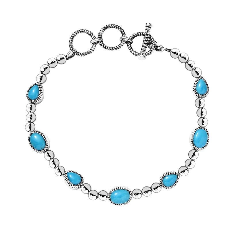 D'Joy Artisan Crafted Sleeping Beauty Turquoise Toggle Clasp Bracelet in Sterling Silver (6.50-8.0In) 6.15 ctw