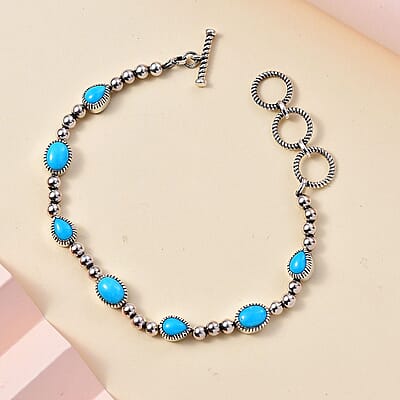 D'Joy Artisan Crafted Sleeping Beauty Turquoise Toggle Clasp Bracelet in Sterling Silver (6.50-8.0In) 6.15 ctw